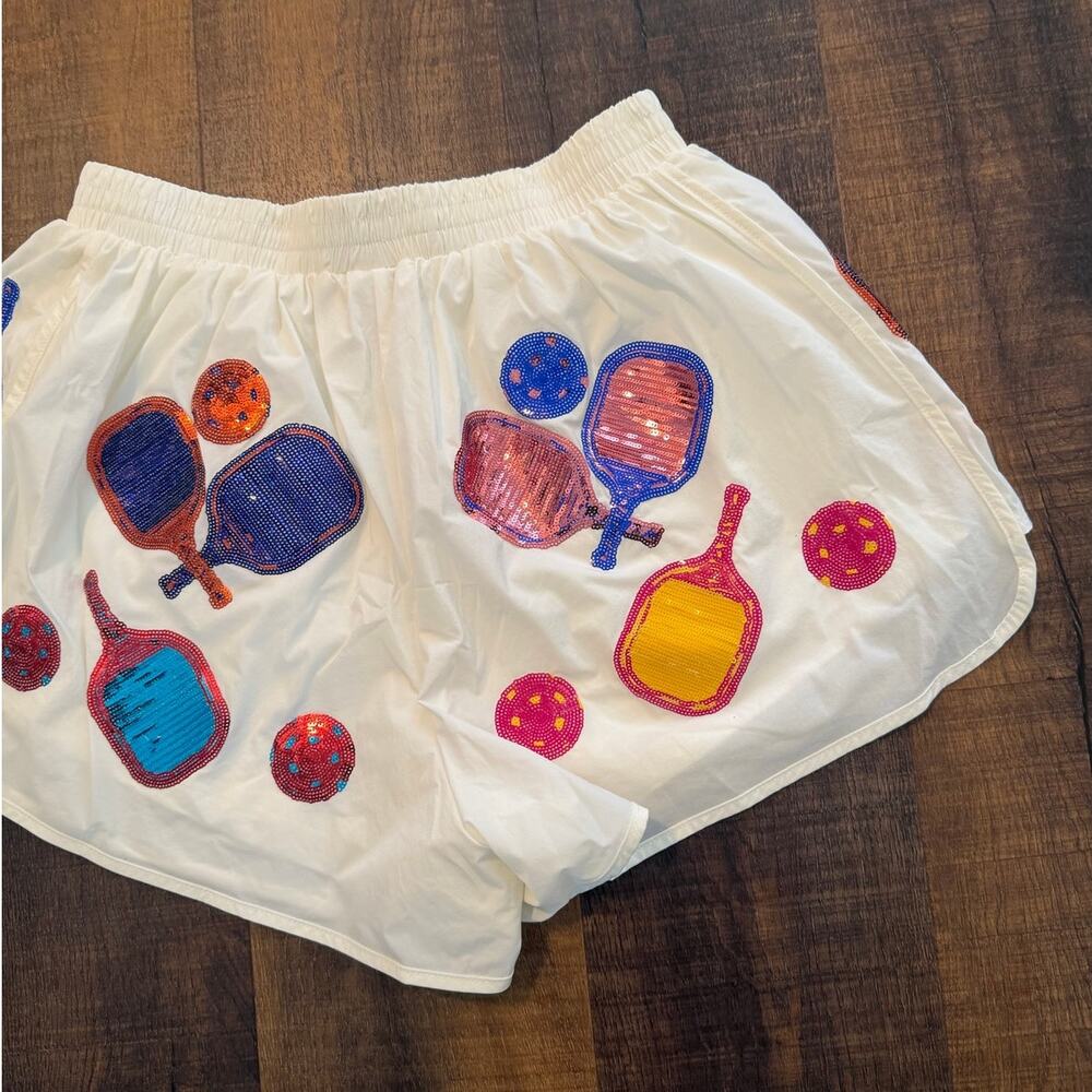 Queen of Sparkle Pickleball Sequin Athletic Running Shorts White Size Medium - Picture 7 of 10